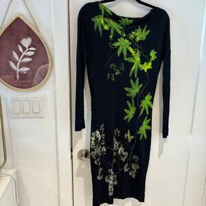 FUZZI Black and Green Stretch Long Sleeve Midi Dress Small